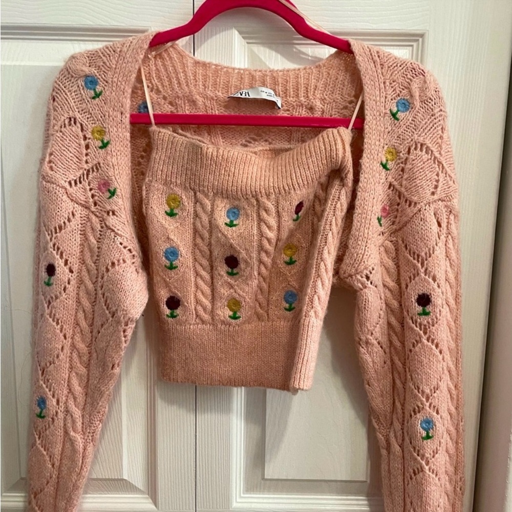 Zara Pink Cardigan and Sweater Set with Floral Embroidery